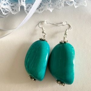 New Handcrafted Turquoise Beads Statement Dangle/Drop Earrings Silver Tone Hooks